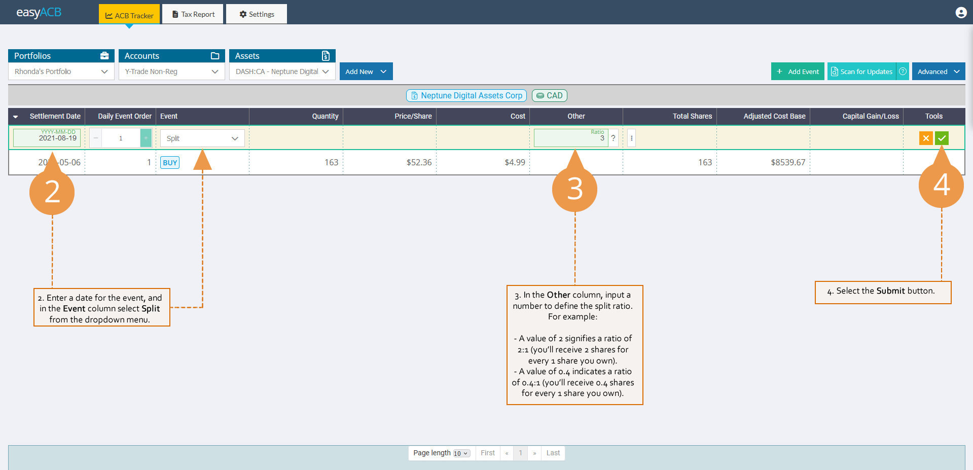 Split Screen Ticker Enter a date for the event, and in the Event column, select Split from ...